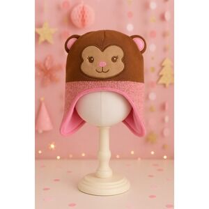 Healthtex Toddler Knit Fleece Hat 2T–5T | Brown Pink Monkey Face Ear Flap Beanie